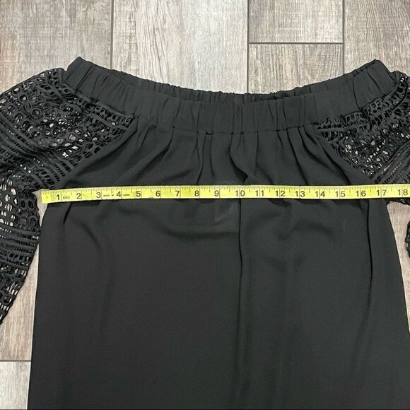 NWT Express Off Shoulder Black Blouse Eyelet Lace Sleeves Semi Sheer Size Small - Picture 6 of 13